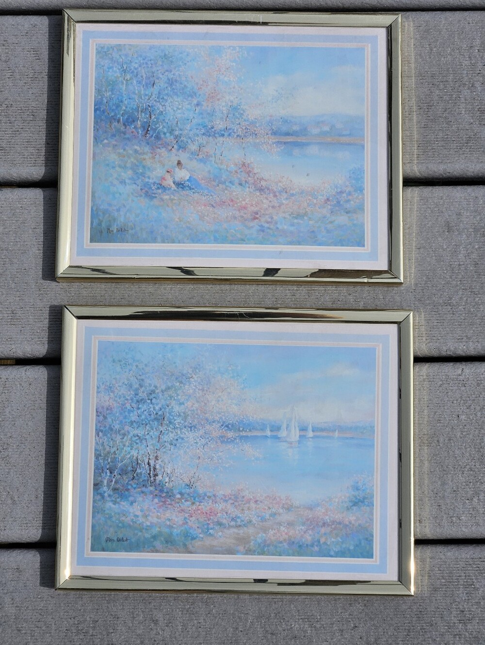 Lot of 2 Vintage Nora DeBolt Framed Prints - Lakeside Sailboats & Two Women - Ra